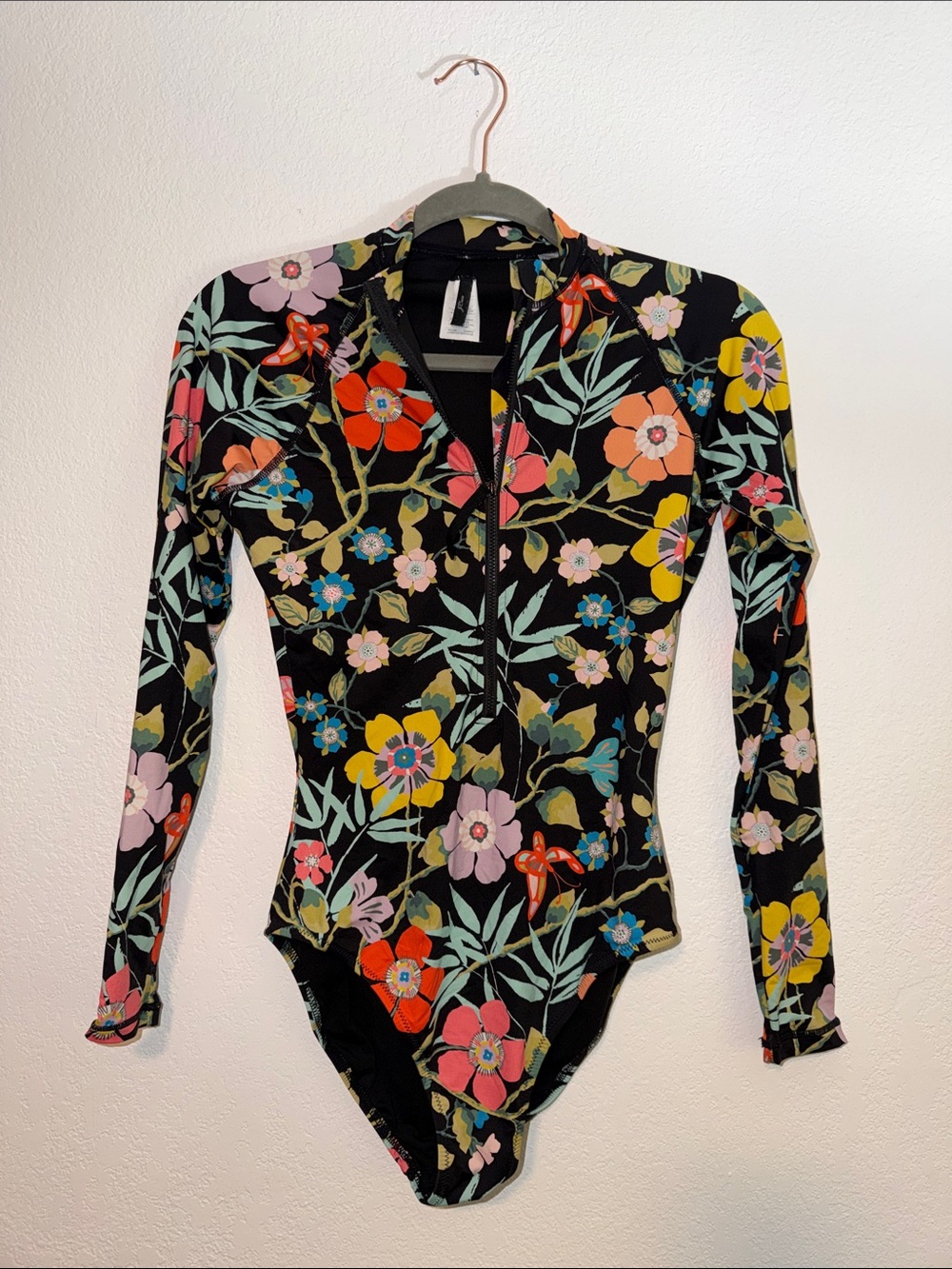 J. Crew Black Floral Long-Sleeve One-Piece Swimsuit